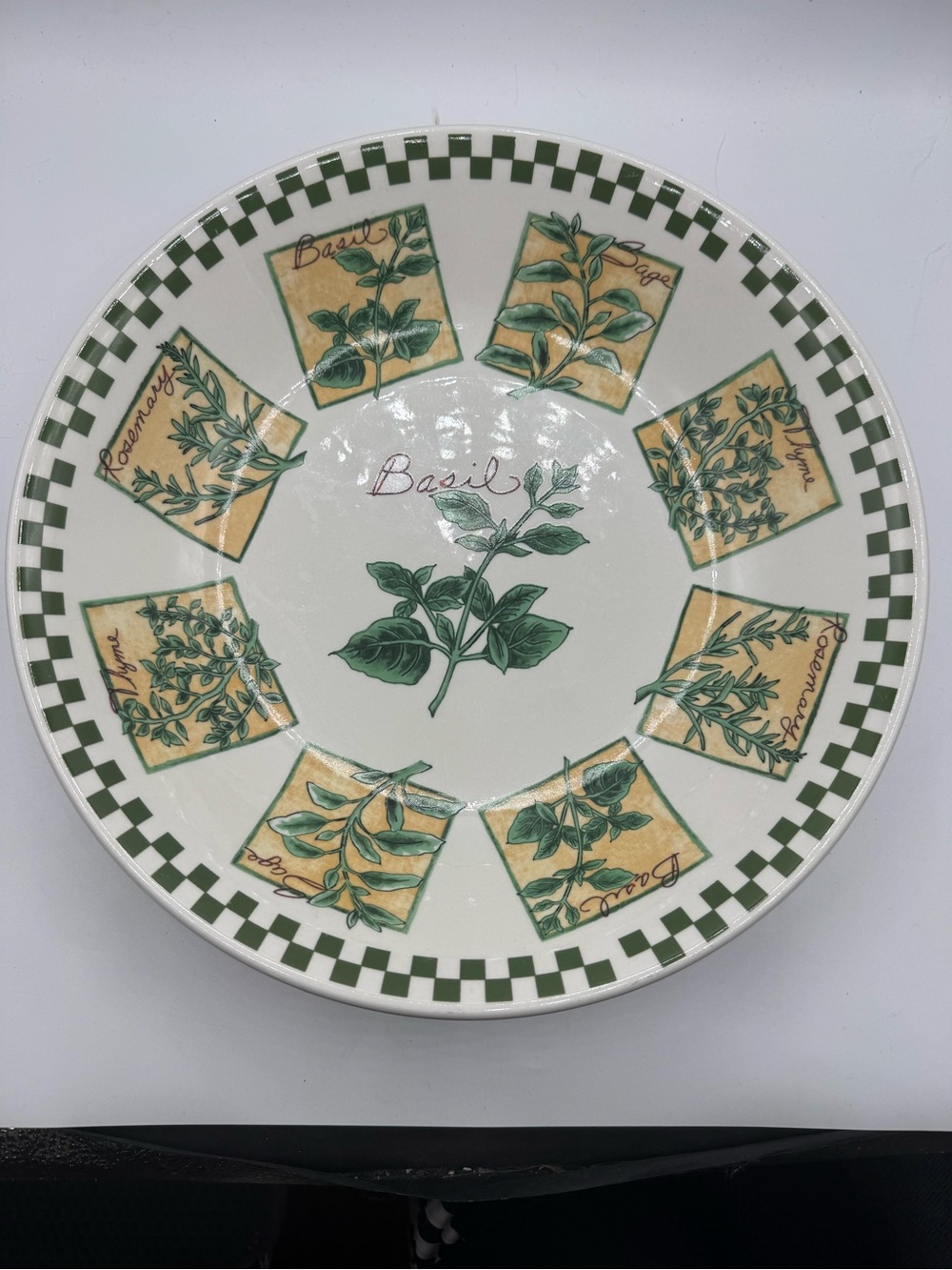 Large Green and White Pasta Bowl Different Herbs, Basil WCL 12 1/2”